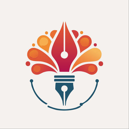 A fusion of traditional writing and modern digital art. A classic fountain pen nib explodes with a vibrant burst of warm-colored ink, symbolizing a surge of creative energy.のイラスト素材