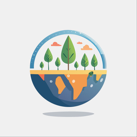 A minimalist illustration of a self-contained world, showcasing a vibrant forest thriving above the earth's core.のイラスト素材