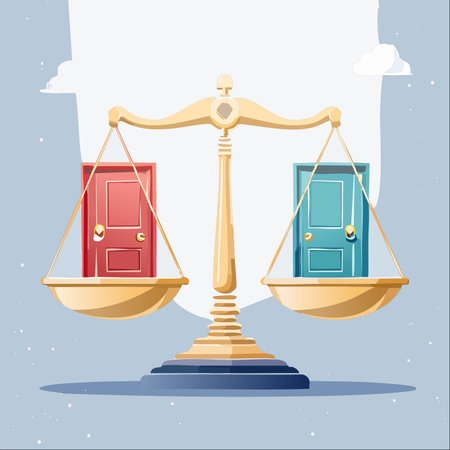 A golden scale of justice holds two distinct doors, one red and one blue, in perfect equilibrium.のイラスト素材