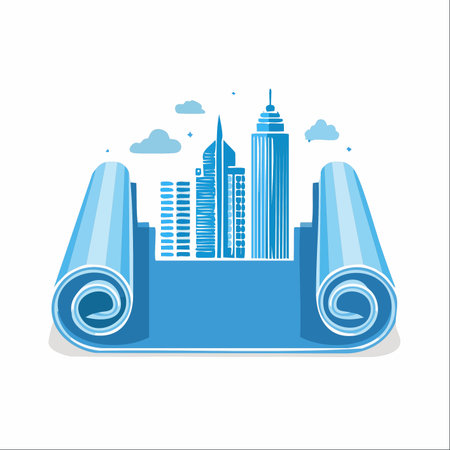 A modern city skyline rises from the pages of an unrolled blueprint.のイラスト素材