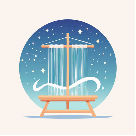 A magical wooden loom stands against a celestial backdrop, weaving threads of starlight under a deep blue, sparkling night sky.のイラスト素材