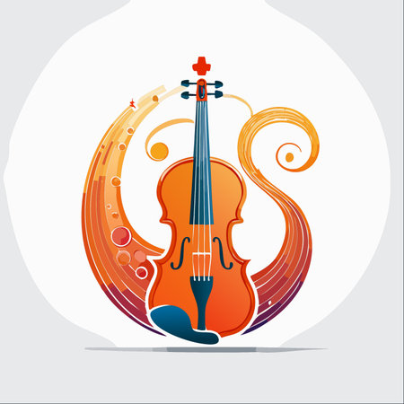 An artistic representation of a classical violin, bursting with vibrant, colorful swirls that evoke the passionate flow of music.のイラスト素材