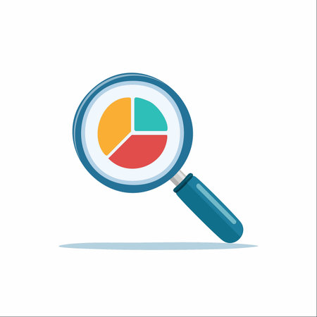 A magnifying glass focuses on a colorful pie chart, symbolizing the process of in-depth data analysis, market research, or financial auditing.のイラスト素材