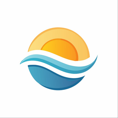 A modern and clean logo design featuring a stylized sun rising or setting over gentle ocean waves, all contained within a perfect circle.のイラスト素材