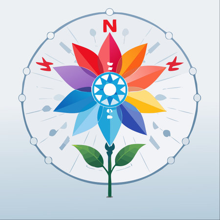 An illustrative concept blending a vibrant, multicolored flower with a navigational compass.のイラスト素材