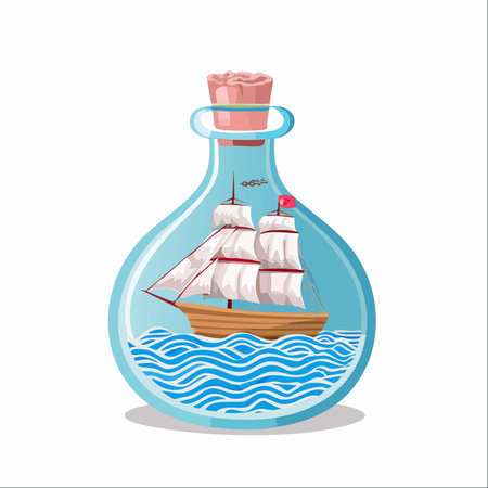 A beautifully crafted miniature sailing ship embarks on an impossible journey within the confines of a glass bottle.のイラスト素材