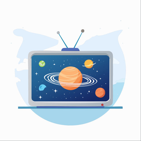 A vintage television set acts as a portal to another world. On its screen, a vibrant cosmic scene unfolds, featuring planets like Saturn with its majestic rings and distant stars.のイラスト素材