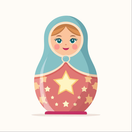 A beautifully illustrated Russian matryoshka doll decorated with a pattern of cheerful stars.のイラスト素材