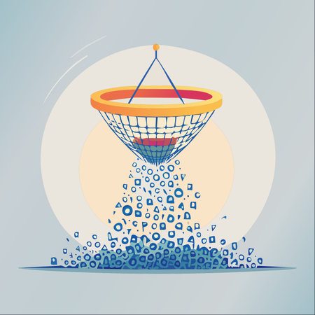 A metaphorical illustration of data processing where a large sieve filters a stream of abstract digital particles, separating essential elements from the noise.のイラスト素材