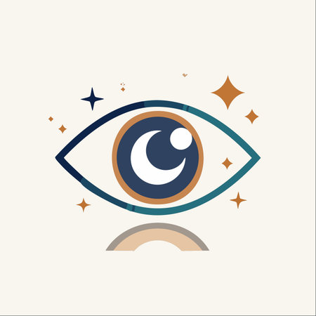A stylized eye reflects the cosmos, with a crescent moon in its pupil and stars twinkling around it.のイラスト素材