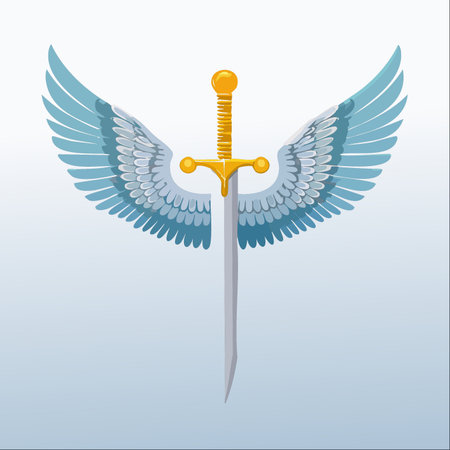 A powerful symbol of divine justice and celestial protection, this winged sword soars against a serene sky.のイラスト素材