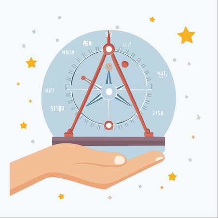A hand gently holds a mystical navigational device, a blend of a compass and an astrolabe, against a starry backdrop.のイラスト素材