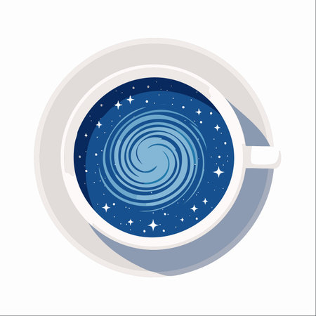 An overhead view of a simple white coffee cup reveals an extraordinary sight. Instead of a morning brew, it holds a swirling galaxy, a vortex of stars and cosmic dust.のイラスト素材