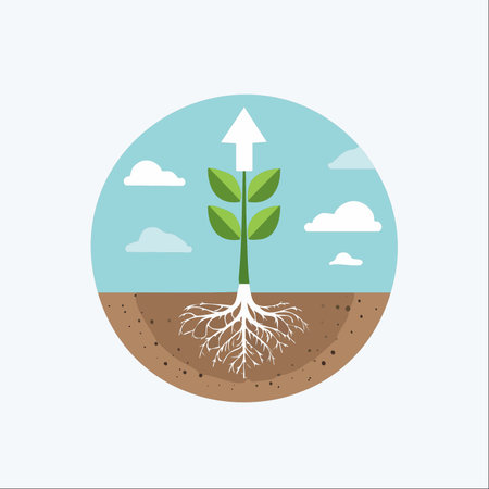 A minimalist illustration of a young plant with strong roots growing upwards.のイラスト素材