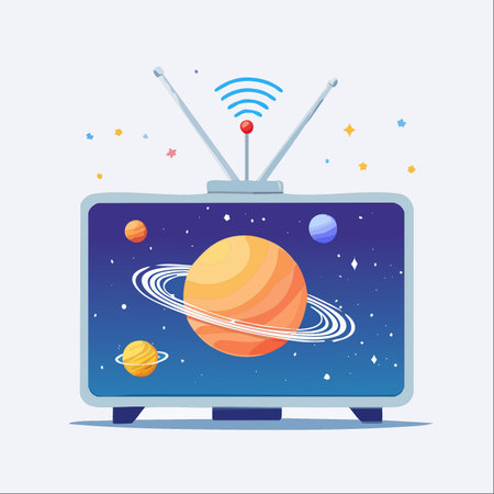A whimsical illustration of a vintage television broadcasting a vibrant scene from outer space.のイラスト素材