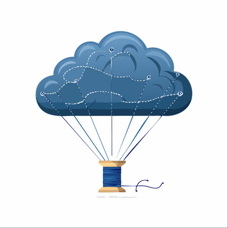 A conceptual illustration of a digital cloud being meticulously woven from a single spool of thread.のイラスト素材