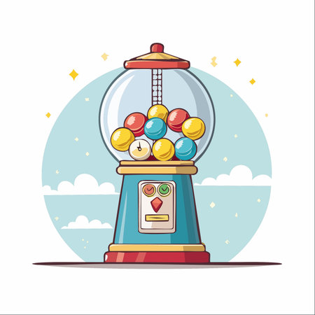 A whimsical illustration of a classic gumball machine, filled with a rainbow of colorful bubble gum.のイラスト素材