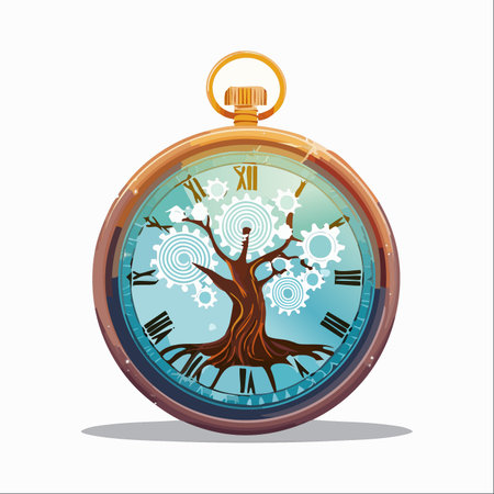 A surreal illustration where a vintage pocket watch reveals its inner workings not as mere machinery, but as a flourishing Tree of Life.のイラスト素材
