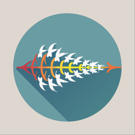 A flock of white birds flies in perfect unison, their collective movement forming the shape of an arrow pointing forward.のイラスト素材