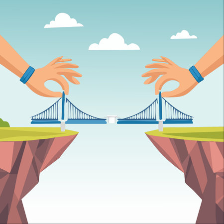 A powerful metaphor of two large hands building a bridge to connect two cliffs over a chasm.のイラスト素材