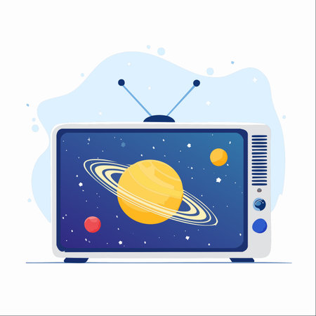 An old-fashioned television set with antennas broadcasts a fantastic journey through the cosmos.のイラスト素材