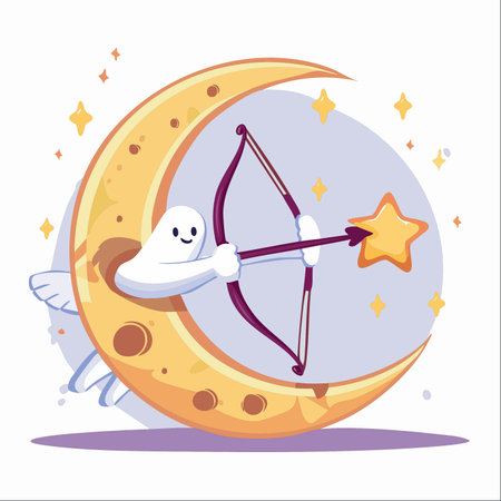 A whimsical celestial archer, a friendly winged spirit, perches on a golden crescent moon. With a determined yet gentle smile, it draws back its bow, aiming a sparkling star arrow into the night sky.のイラスト素材