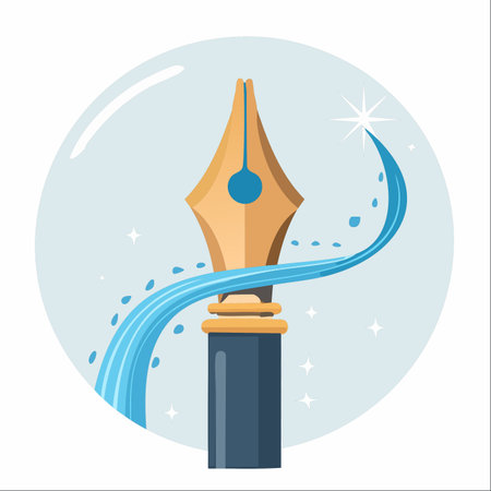 An elegant illustration of a classic fountain pen with a magical stream of ink flowing around its golden nib.のイラスト素材