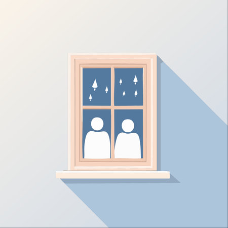 A minimalist illustration showing two figures looking out a window on a rainy day.のイラスト素材