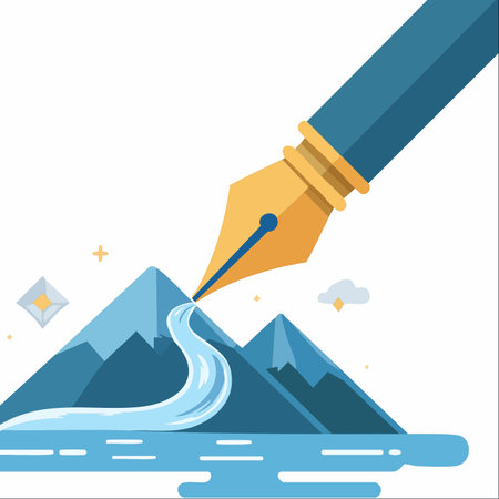 A conceptual illustration where the nib of a giant fountain pen touches a mountain peak, creating a flowing river.のイラスト素材