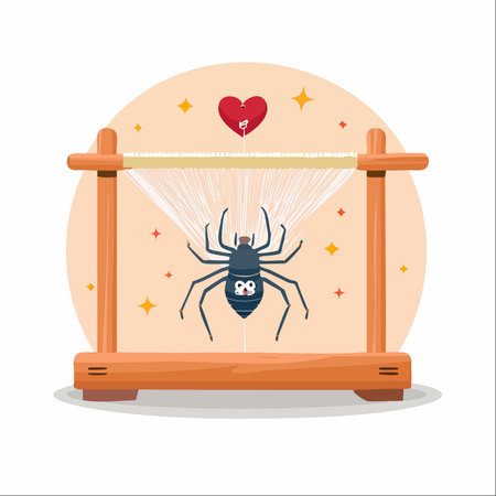 A charming and talented spider diligently works at a wooden loom, weaving an intricate web.のイラスト素材