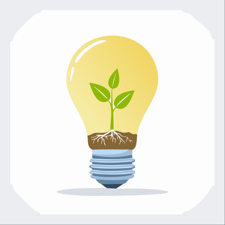 A young green sprout with healthy roots grows inside a glowing lightbulb, symbolizing the birth and development of a brilliant, sustainable idea.のイラスト素材