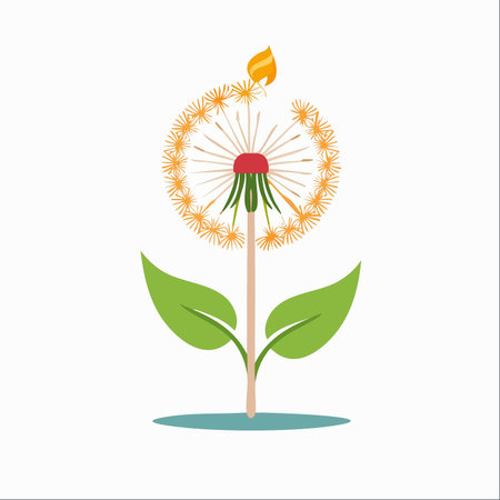 A creative and conceptual illustration where nature meets invention. A dandelion is cleverly depicted as a matchstick, with its seed head igniting into a warm flame.のイラスト素材