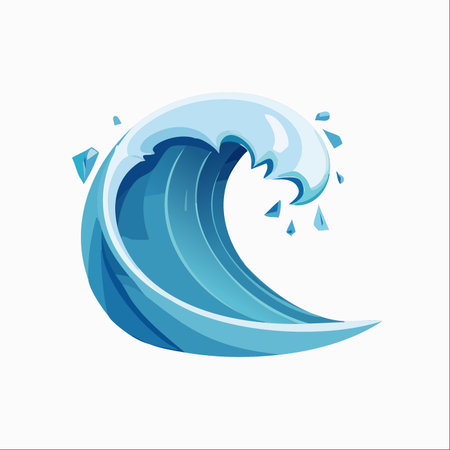 A powerful, stylized ocean wave curls into a dynamic crest, captured in a moment of energetic motion.のイラスト素材