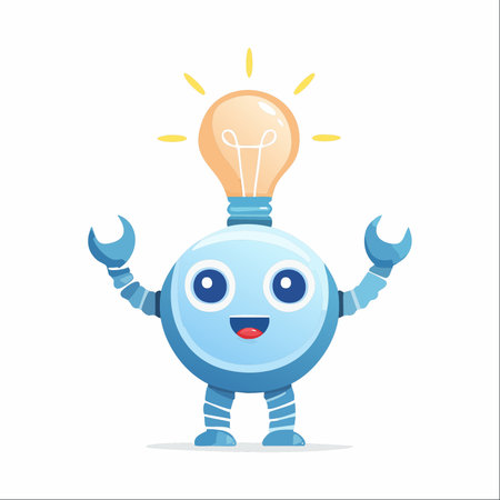 A cheerful and friendly robot character has a moment of inspiration. A bright lightbulb glows above its head, symbolizing a brilliant idea, a creative solution, or a technological breakthrough.のイラスト素材