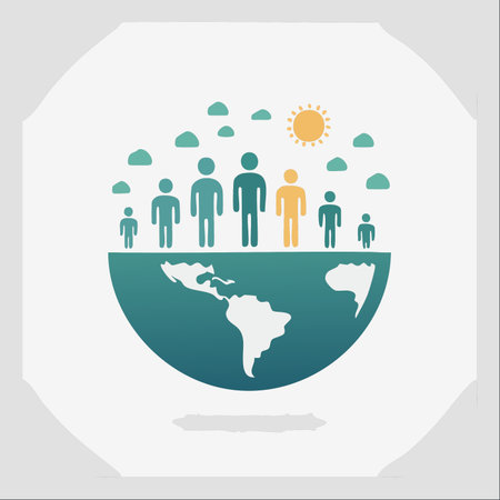 An illustration representing the diverse population of planet Earth. Figures stand together on the globe under a sun, symbolizing community, global society, and environmental consciousness.のイラスト素材