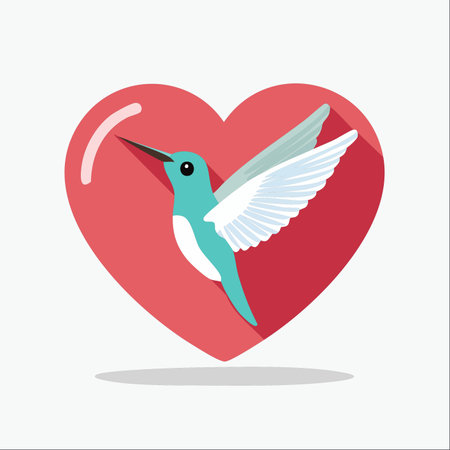 A charming turquoise hummingbird hovers gracefully in front of a vibrant red heart. This flat design illustration with a long shadow effect symbolizes love, freedom, and the delicate beauty of nature.のイラスト素材