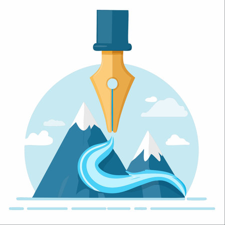 A conceptual illustration where a giant fountain pen acts as the source of a flowing river, carving a path through a majestic mountain range.のイラスト素材
