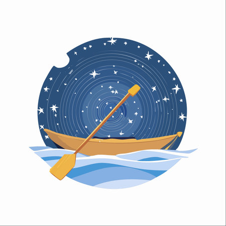 A solitary kayak drifts on calm waters under a magical, swirling night sky.のイラスト素材