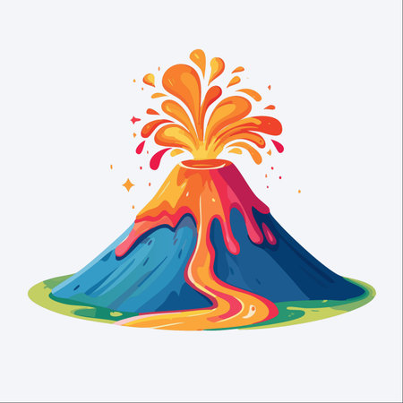 A powerful and energetic depiction of a volcanic eruption, captured in a vibrant, modern flat illustration style.のイラスト素材