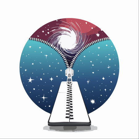 A conceptual illustration where a zipper opens the night sky to reveal a vibrant, swirling nebula.のイラスト素材