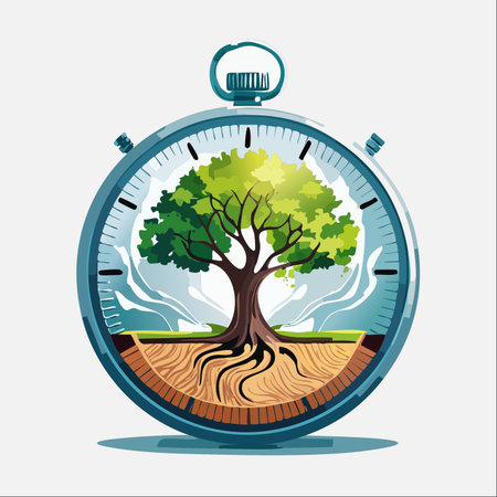 A vibrant tree with deep roots grows inside the glass face of a stopwatch, symbolizing the critical race against time for environmental conservation.のイラスト素材
