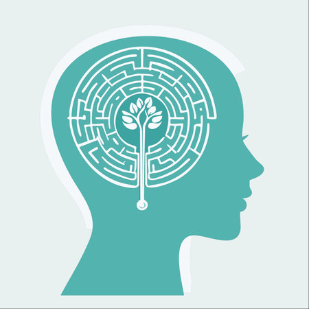 An illustrative concept of mental health and self-discovery. A silhouette of a human head contains a...