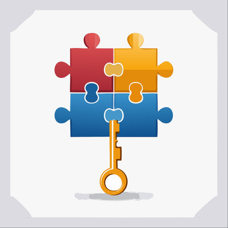 A golden key fits perfectly into a colorful four-piece puzzle, symbolizing the discovery of a crucial solution.のイラスト素材