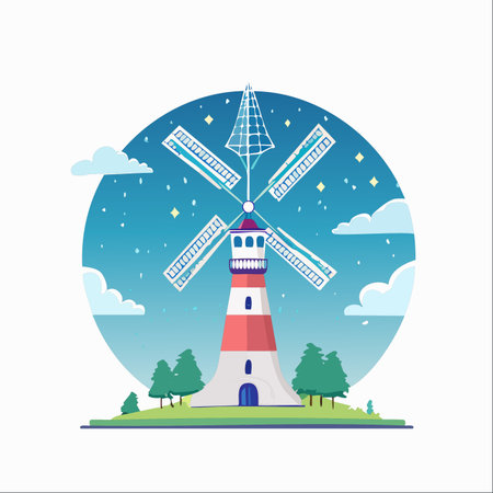 A whimsical hybrid of a windmill and a lighthouse stands on a tiny island, its sails turning gently...