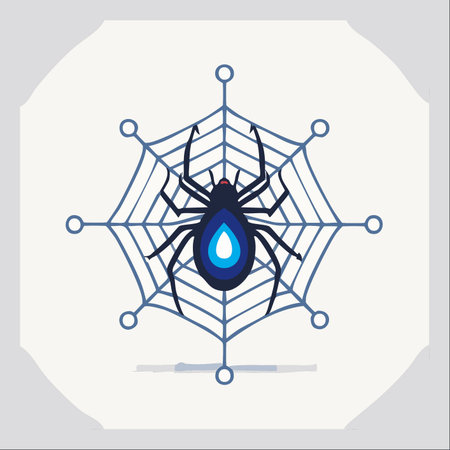 A stylized spider, bearing the ancient Nazar amulet for protection, sits at the center of a digital web.のイラスト素材