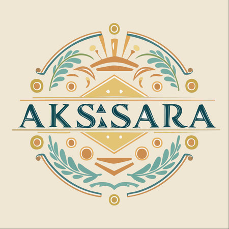 This beautifully crafted emblem features the word 'Aksara' in a classic serif font, framed by symmetrical, ornate floral patterns.のイラスト素材
