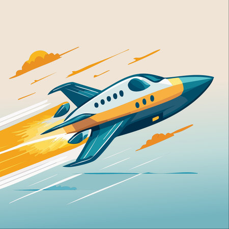 A sleek, futuristic spaceplane bursts through the atmosphere, its powerful engines leaving a trail of fire against the morning sky.のイラスト素材