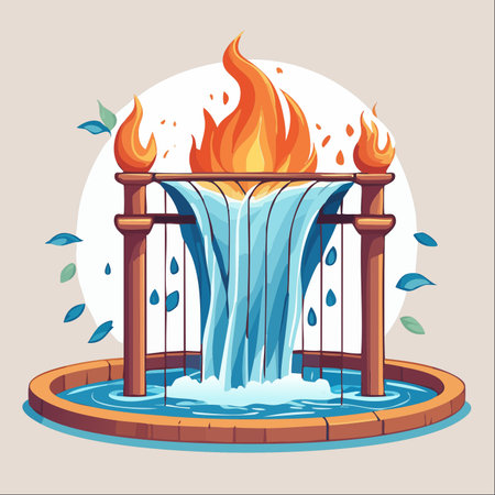 A magical fountain where opposing elements unite in perfect harmony. Flames dance atop a cascading waterfall, symbolizing the powerful balance of fire and water, creation and tranquility.のイラスト素材