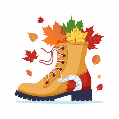 A sturdy hiking boot becomes an impromptu vase for a vibrant bouquet of autumn leaves.のイラスト素材