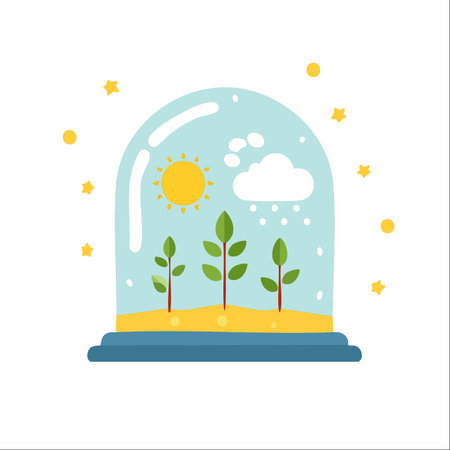 Inside a protective glass dome, a miniature world thrives. Young saplings reach towards a tiny sun while a gentle cloud provides rain, creating a perfect, self-contained ecosystem.のイラスト素材